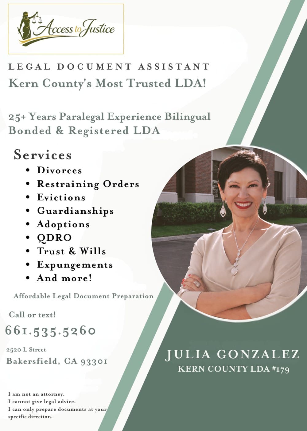 Access to Justice flyer — Julia Gonzalez, Kern County LDA #179